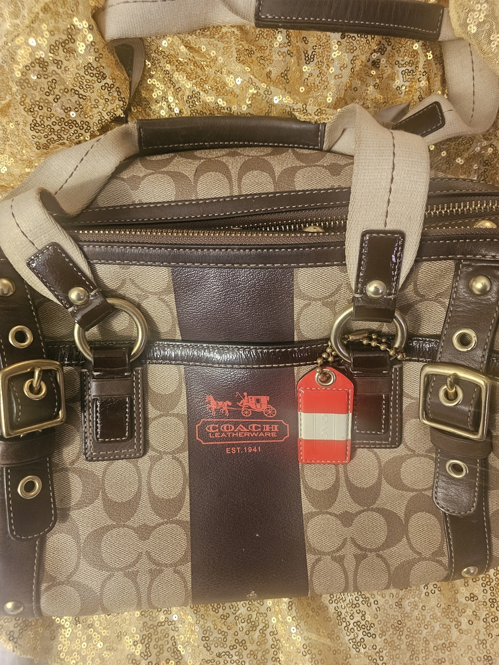 Vintage Coach Heritage Stripe Signature Horse and Carriage Satchel